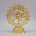 Sri Swaminathan and Co brass Shiva Tandava statue gold powder coated finish 23.5cm height back pose full rear view showing reverse of circular thiruvasi halo and rectangular base platform