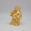 Sri Swaminathan and Co brass standing Laughing Buddha showpiece gold finish 1kg weight 45 degree left pose corner view highlighting the chiseled cloth sack curves and shoulder placement