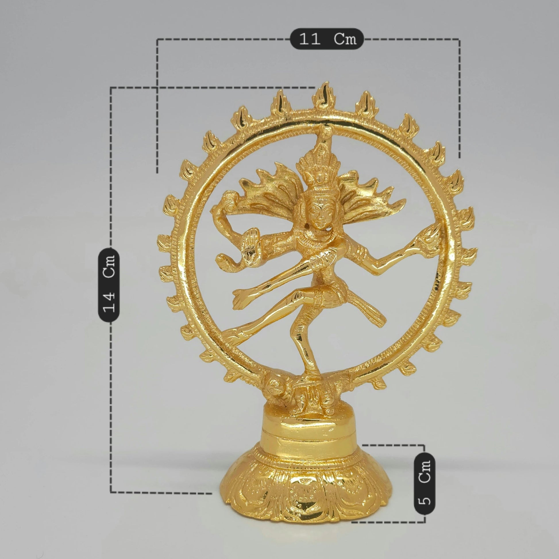 Sri Swaminathan and Co premium brass Lord Chidambaram Thillai Nataraja cosmic dance statue glossy gold finish 14cm height 11cm length 300gm weight front straight profile view size guide