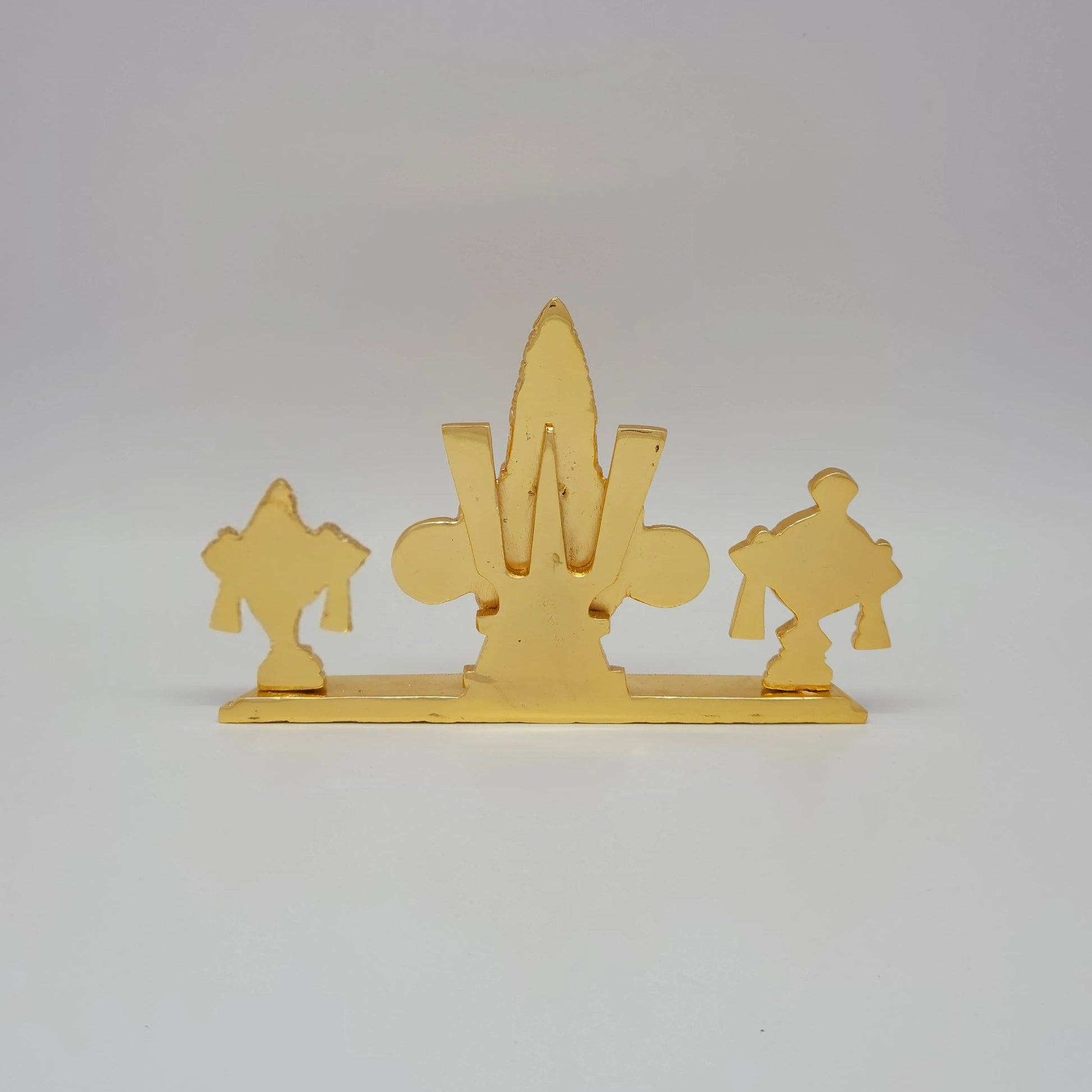 Sri Swaminathan and Co brass Tirupati Balaji shankha chakra namam stand gold powder coated 14cm height back pose full rear view showing reverse of flat geometric platform base
