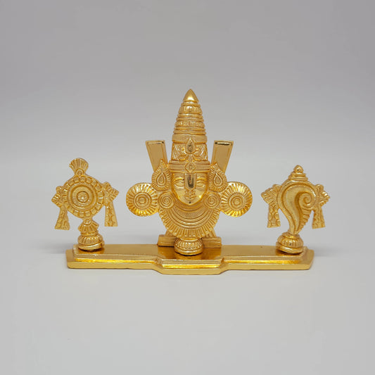 Sri Swaminathan and Co premium brass Tirupati Balaji face with Sudarshana Chakra and Panchajanya Shankha namam stand gold powder coated finish 14cm height front straight profile view