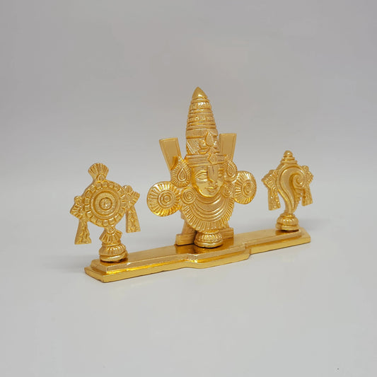 Sri Swaminathan and Co brass Tirupati Balaji shankha chakra namam stand gold powder coated 14cm height 45 degree left pose corner view highlighting the chiseled Sudarshana discus detail