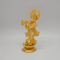 Sri Swaminathan and Co brass Krishna statue gold powder coated 8 inch 20cm height 45 degree right pose corner view focusing on peacock feather crown and lotus peedam base depth