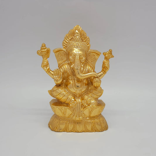 Sri Swaminathan and Co premium brass seated Ganesha statue holding traditional pasha noose and ankusha goad gold powder coated finish 1.580kg weight 18.5cm height front straight profile view