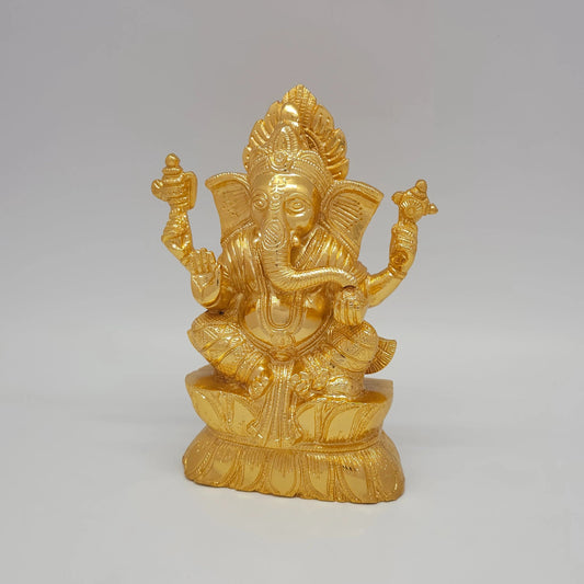 Sri Swaminathan and Co brass Vigneshwara statue gold finish 18.5cm height 45 degree left pose corner view highlighting chiseled pasha noose attribute and ear details