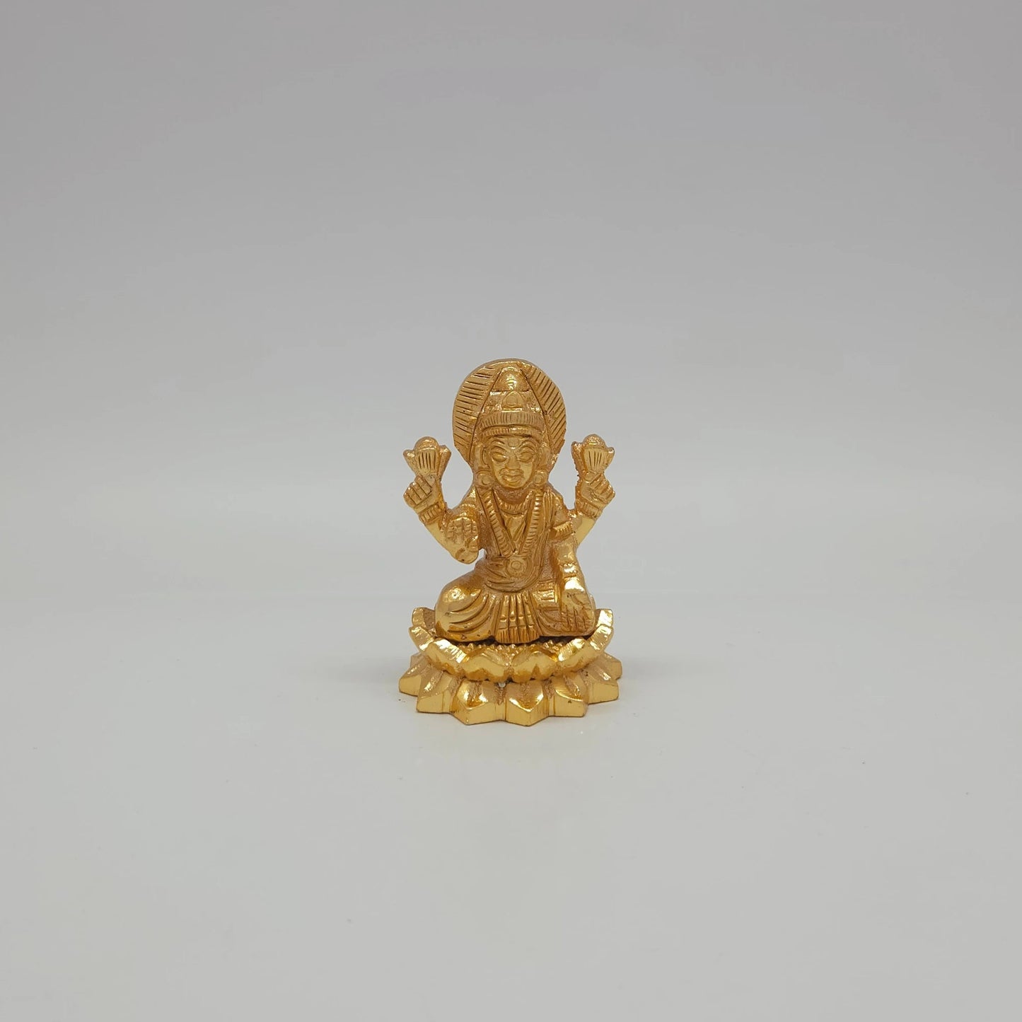 Sri Swaminathan and Co premium brass seated Goddess Mahalakshmi statue twin lotus flared round base satin gold finish 110g weight front straight profile view