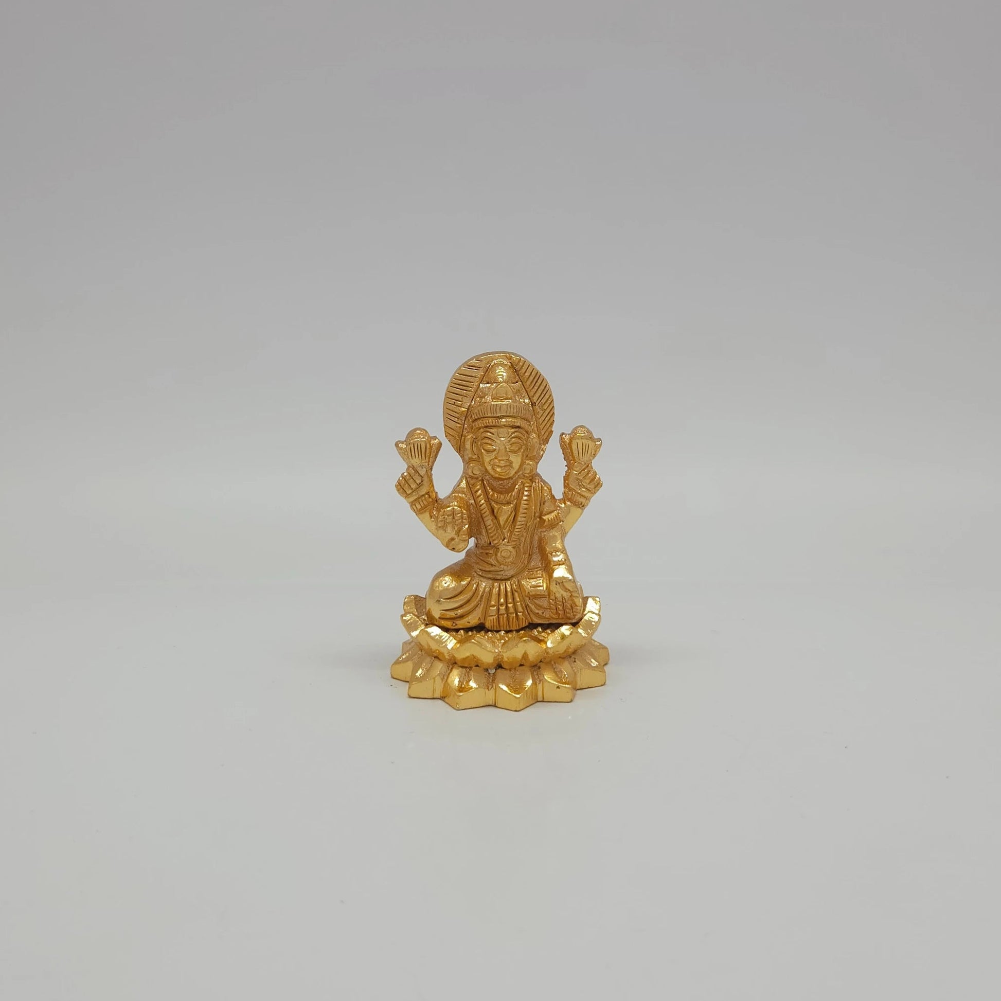 Sri Swaminathan and Co premium brass seated Goddess Mahalakshmi statue twin lotus flared round base satin gold finish 110g weight front straight profile view
