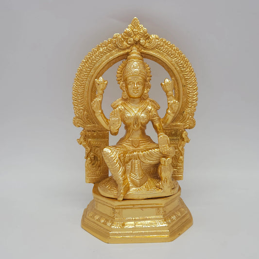 Sri Swaminathan and Co premium brass seated Lalitasana Lakshmi statue twin lotus ornate prabhavali thiruvatchi arch owl vahana glossy gold finish 3kg weight front straight view