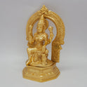 Sri Swaminathan and Co grand gold finish Lakshmi statue 3kg weight 45 degree left pose corner view highlighting the owl companion silhouette and left prabhavali pillar trim details

