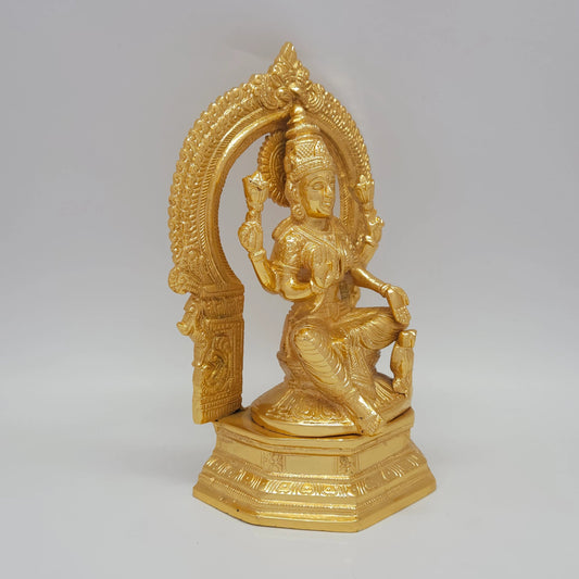 Sri Swaminathan and Co grand gold finish Lakshmi statue 3kg weight 45 degree right pose corner view focusing on the protective abhaya mudra palm profile and 15.5cm total base length depth
