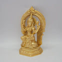 Sri Swaminathan and Co grand gold finish Padmasana Lakshmi statue 45 degree left pose corner view highlighting the upper left lotus bud and left side prabhavali pillar trim details