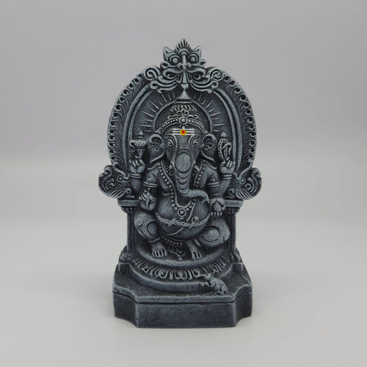 Sri Swaminathan and Co premium paper mesh seated Lord Ganesha statue with temple arch grey stone look finish 16cm height front straight profile view