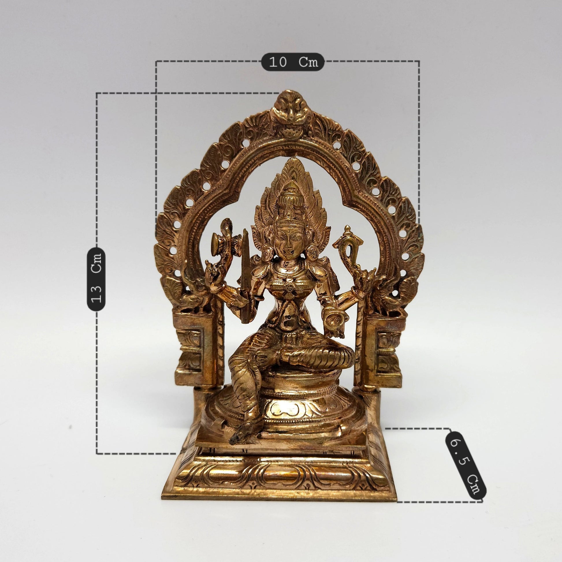 Sri Swaminathan and Co handcrafted pure Panchaloha Karumari Amman seated statue 5 inch 13cm height 10cm length front straight profile view size guide