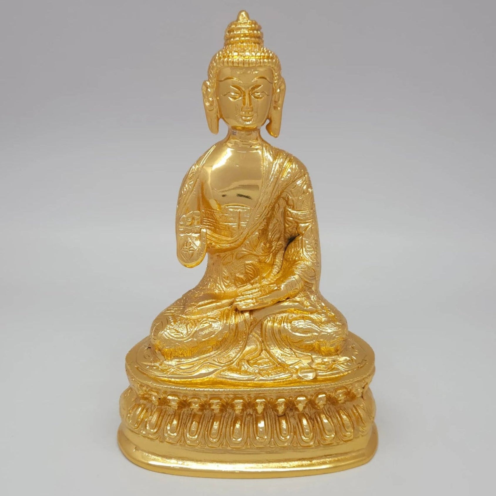 Front view of the 20cm / 8-inch premium gold powder-coated hollow brass Siddhartha statue showing the circular logic hand pose for Buddha Purnima.