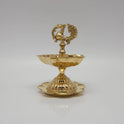 Front look of the 5-wick brass peacock vilakku showing the flower stand base.