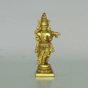Direct rear back view of a solid brass fluting Krishna statue highlighting the detailed hair carvings, sash lines, and square base.
