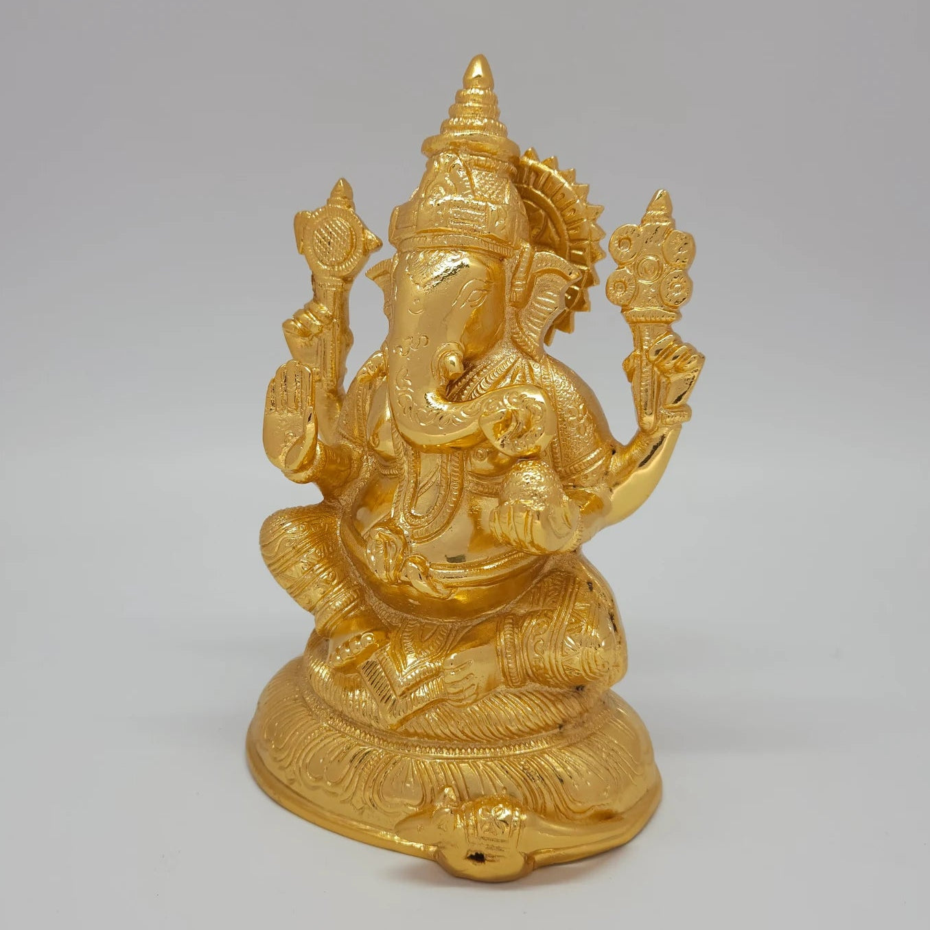 Vigneshwara Gold Idol Left Angle Vamamukhi Trunk Pasha Detail Solid Brass