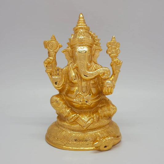 Vinayagar Gold Idol Front View Abhaya Mudra Kireetam Crown Solid Brass 8 Inch