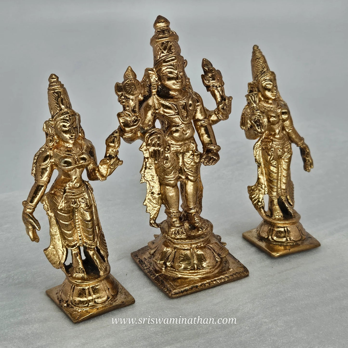 Vishnu Perumal Sridevi Boodevi Side View - Panchaloha Three Deity Set - Authentic 510g Brass