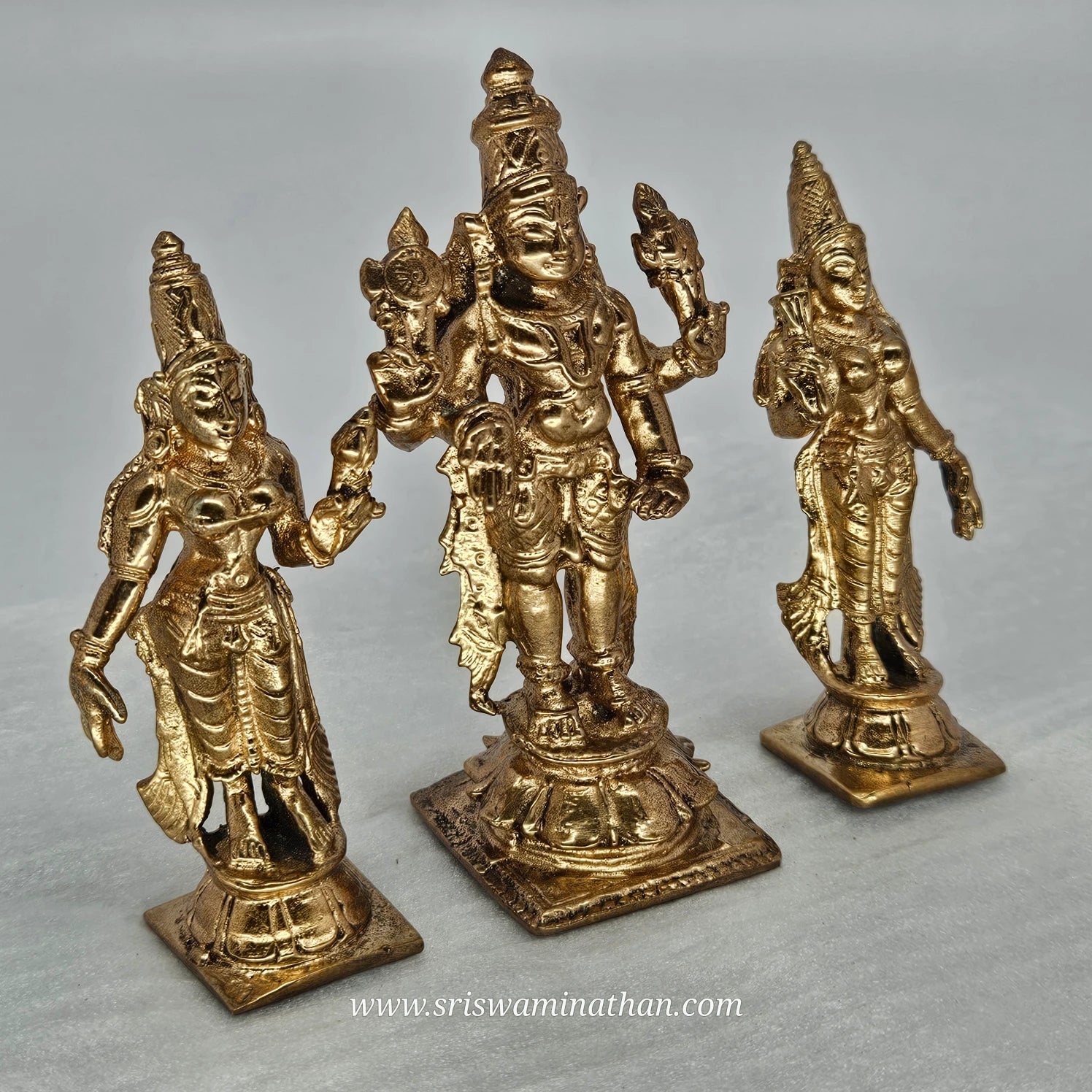 Vishnu Perumal Sridevi Boodevi Side View - Panchaloha Three Deity Set - Authentic 510g Brass